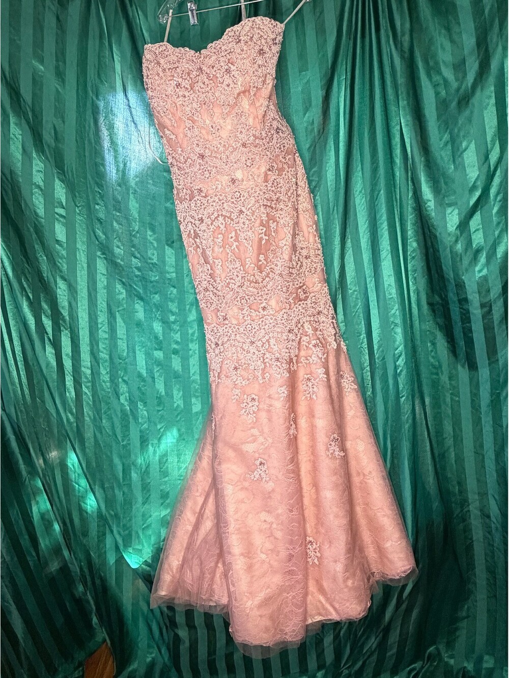 Montage by Mon Cheri Pink Lace Strapless Evening Gown Beaded Tulle Dress (Sz12)